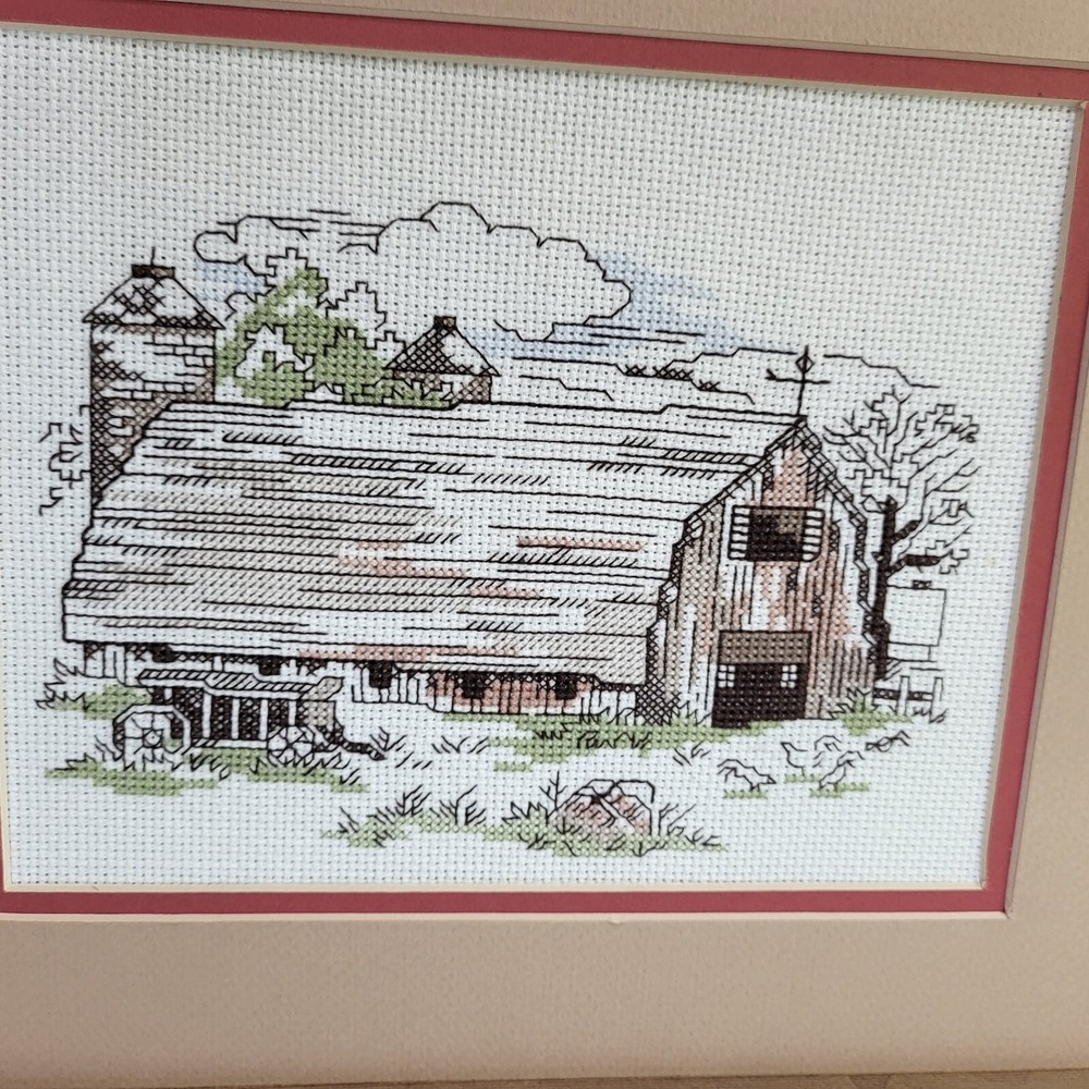 2 Embroidery Handmade Framed Needlework Barn Scenes Folk Art Country Farmhouse - Picture 3 of 10